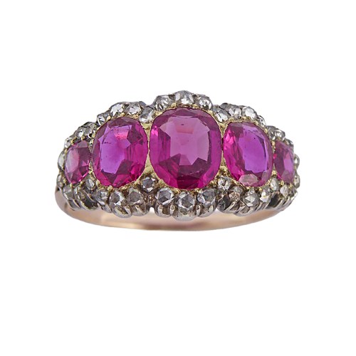 Late 19th century five stone ruby and diamond cluster ring, possibly French, c.1890, with cushion cut rubies totalling approximately 2.00cts,